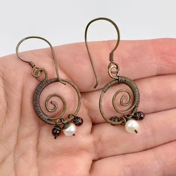 Copper Earrings, Boho, Wire Wrapped, Pierced Dangle, Handcrafted, Lightweight - Picture 2 of 3